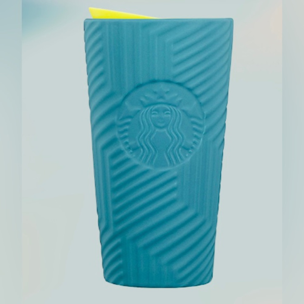 Starbucks Blue Ceramic Soft Touch Tumbler Geometric Hot Insulated Cup 12oz NWT